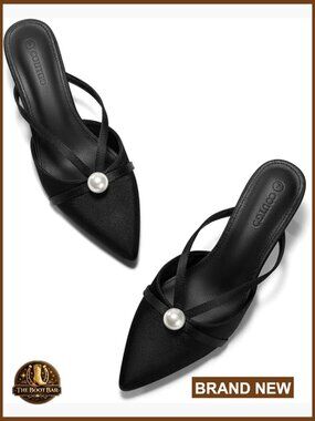 Satin Pearl Kitten Heel Mules Closed Toe Sandals Wedding Party Dress Shoes